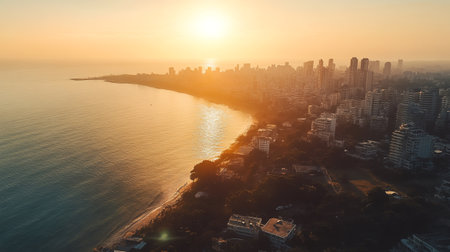 Aerial view of the city at sunset. Copacabana beach, Rio de Janeiro, Brazil