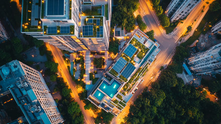 Aerial city view with crossroads and roads, houses, buildings, parks and parking lots. Sunny summer...