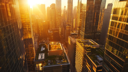 Aerial view of skyscrapers at sunset