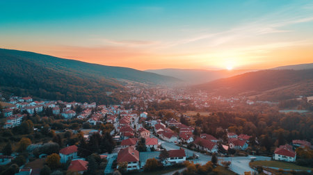 Aerial view of town in mountains at sunset. Beautiful summer landscape