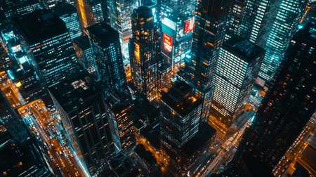 Aerial view of New York City skyscrapers at night.の写真素材