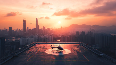 3D rendering of a helicopter flying over the city at sunset.