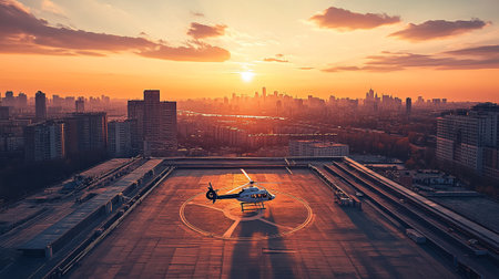 Aerial view of a city at sunset with a quadcopter