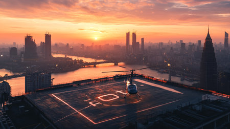 Helicopter landing at the Chongqing skyline at sunsetの写真素材