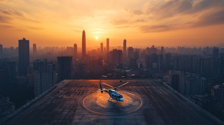 Helicopter flying over the city at sunset. 3d rendering