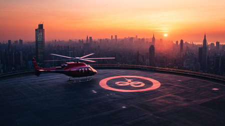 Helicopter on the runway at sunset in Shanghai, China.の写真素材