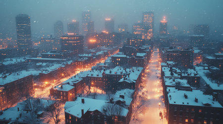 Panoramic view of the city of Boston during a snowfall.の写真素材