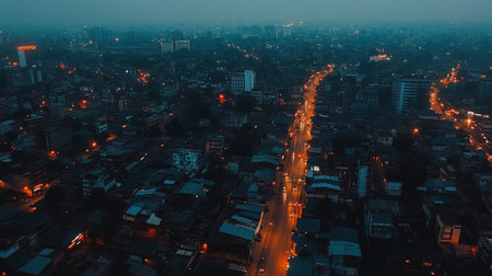 Aerial view of Bangkok city at night, Thailand. Traffic on the road.