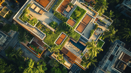 Aerial view of luxury villa with swimming pool in tropical garden