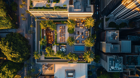 Aerial view of a luxury hotel with palm trees in Hong Kongの写真素材