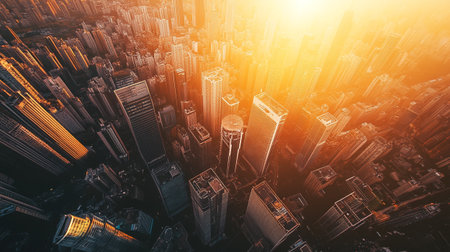 Aerial view of skyscrapers in Hong Kong city at sunsetの写真素材
