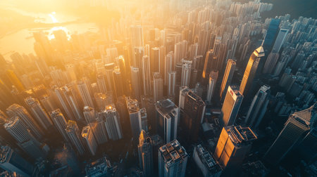 Aerial view of skyscrapers in Shanghai, China at sunset.の写真素材