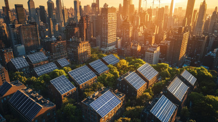 Aerial view of new york city skyline with solar panels.の写真素材