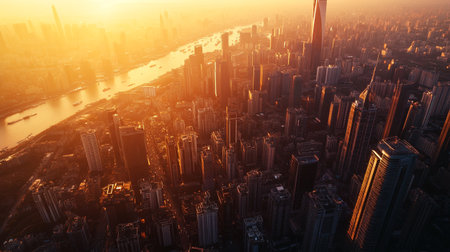 Aerial view of skyscrapers in Shanghai at sunset,China.