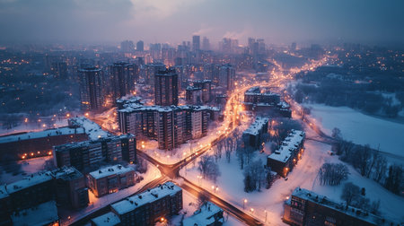 Aerial view of the city at night in winter.の写真素材