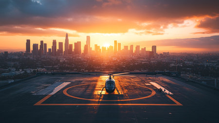 Businessman on the runway with cityscape background at sunset time.