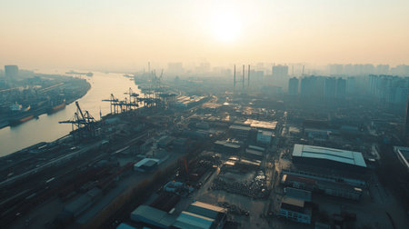 Aerial view of container terminal and shipyard in Shanghai China.の写真素材