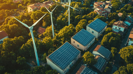 Aerial view of solar panels and wind turbines on the roof of a residential building