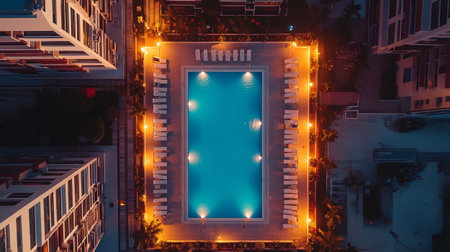Aerial view of swimming pool in hotel resort at night time.の写真素材