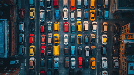 Aerial view of a parking lot with cars in the city.