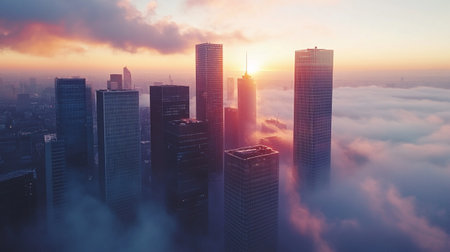 Aerial view of skyscrapers in the fog at sunset.