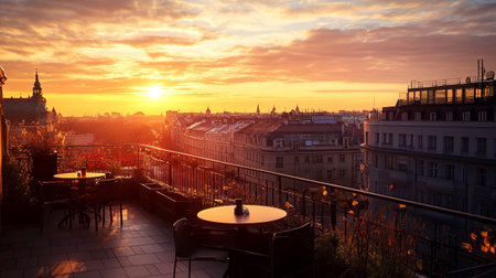Beautiful sunset on the terrace of a restaurant