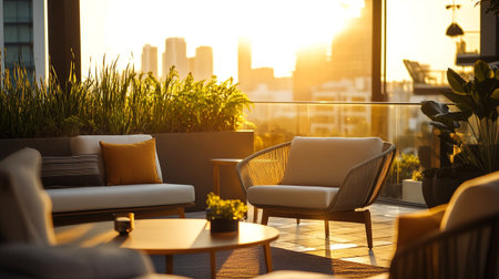 Modern living room interior with armchairs and coffee table at sunset.の写真素材