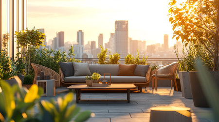 Sofa and cushions on terrace with city view.の写真素材