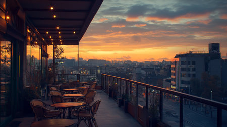 Cafe terrace with tables and chairs at sunset, Paris, Franceの写真素材