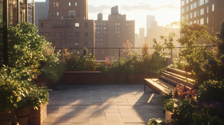 Sunset on the terrace of a residential building in New York Cityの写真素材