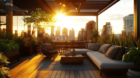 Beautiful terrace with view of the city at sunset. 3d rendering