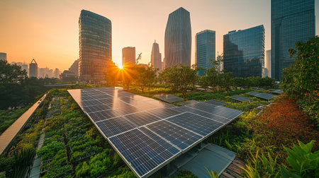 Solar panels on the roof of a modern office building in Shenzhen, China