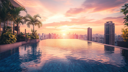Swimming pool with cityscape background at sunset or sunrise time.