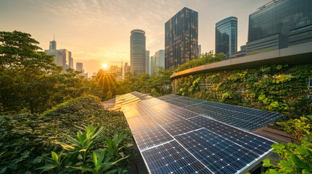 solar panel in the city with skyscrapers in the background