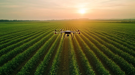 Drone spraying pesticides on a corn field. Spraying pesticides on agricultural crops.