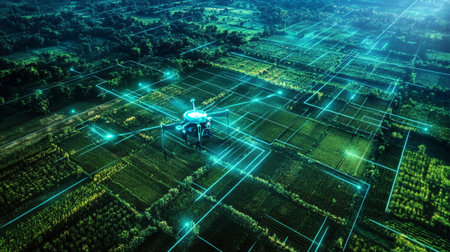 Aerial view of a drone with digital hologram. 3D rendering