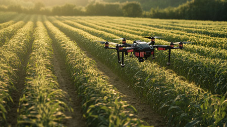 Drone quadcopter flying over agricultural field at sunset. Drone flying over agricultural field.