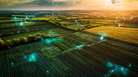Aerial view of a large agricultural field at sunset. Internet technologies in agriculture.