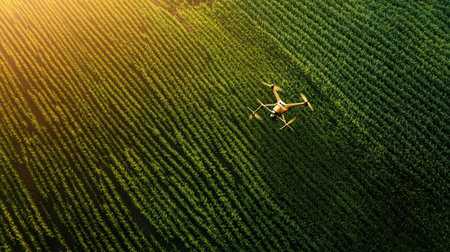 Drone quadcopter flying over green field. Drone flying over agricultural field.