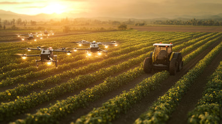 Tractor spraying pesticides on sunflower field with sprayer at sunset