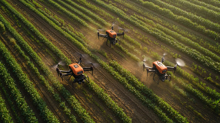 Aerial view of drone spraying on field