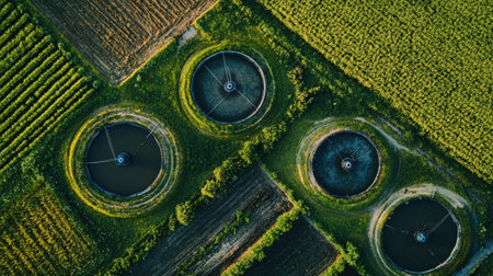 Aerial view of a tractor spraying pesticides on soybean field at sunset