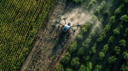 Aerial view of a drone spraying pesticides on soybean field.