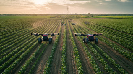 drone spraying fertilizer on vegetable field at sunset, agriculture and technology concept