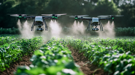 Agriculture drone spraying pesticides on a field of green lettuce.