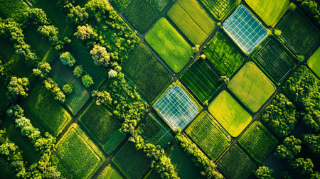 Aerial view of green field with rows of solar panels in Poland