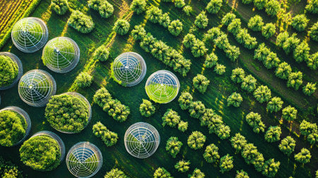 Aerial view of green agricultural field with rows of seedlings.