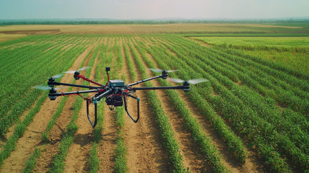 Drone quadcopter flying over the field of soybean crops