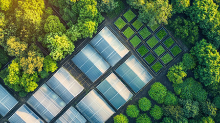 Aerial view of solar panels in a row in the forest.