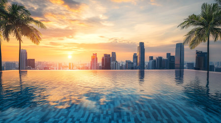 Swimming pool with cityscape background at sunset, Bangkok, Thailand